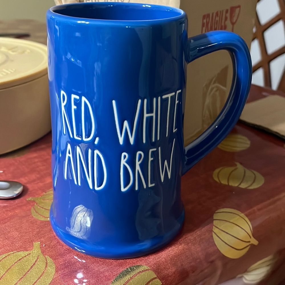 rae dunn mug red white and brew